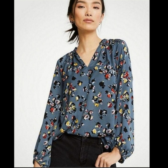 Ann Taylor Tops - Ann Taylor Blue Grey Floral Blouse